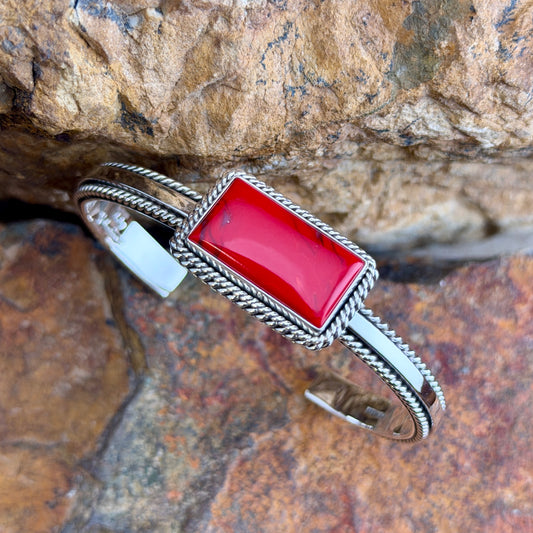 Narrow Rosarita Sterling Cuff Bracelet by Artie Yellowhorse, close up