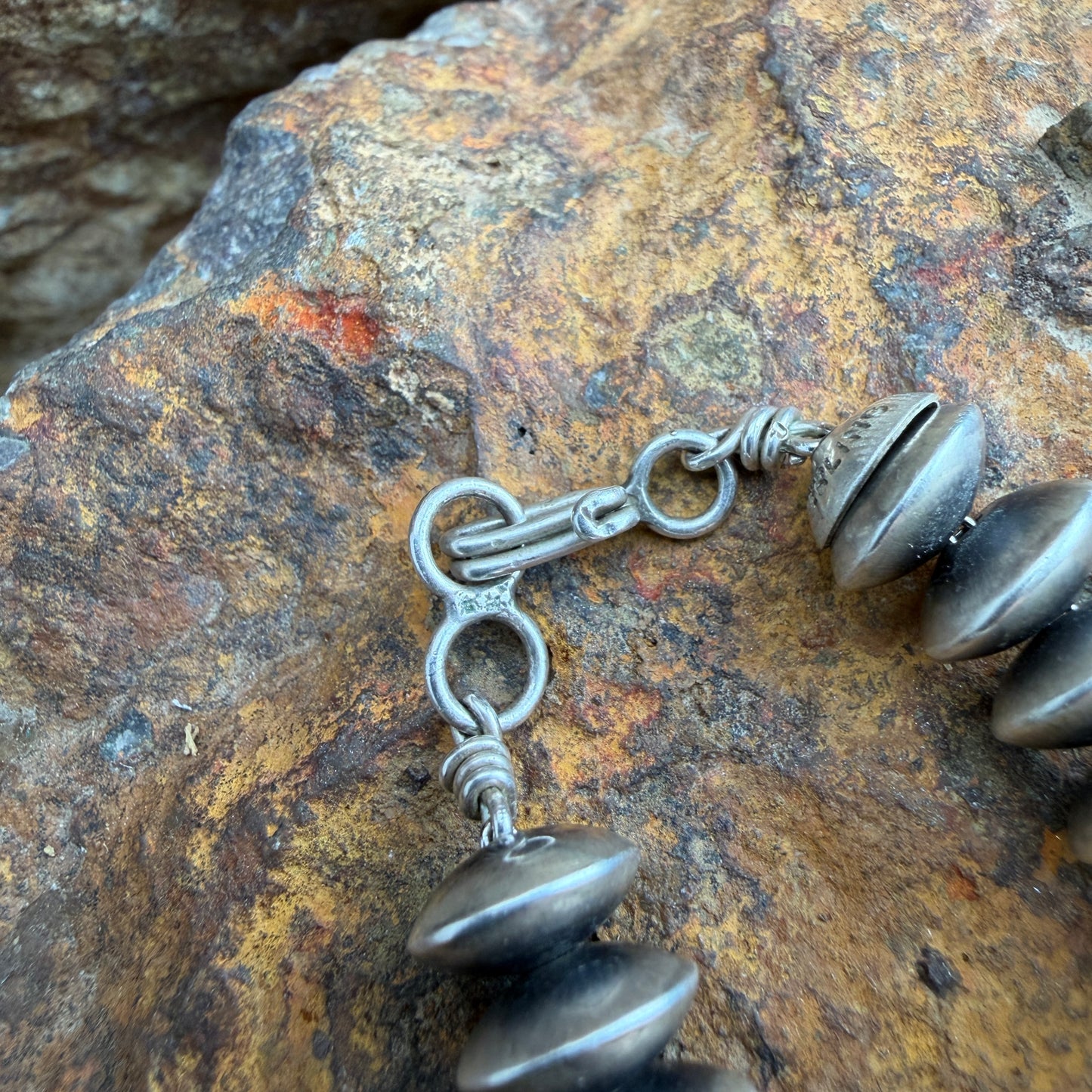 Close up of the S clasp on a necklace
