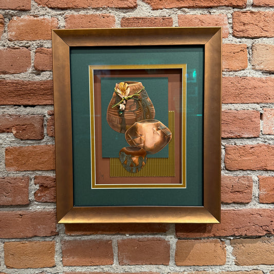 An art piece that contains thinly pressed copper shaped and detailed to represent three traditional Native American ceramic pots. They are placed in the foreground. The background is comprised burnt orange, dark teal, and gold.  Framed in a copper-colored