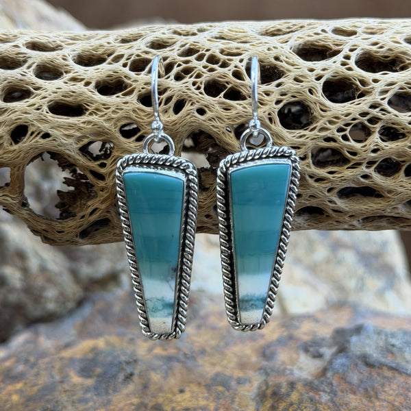 A pair of silver drop earrings with rectangular turquoise-blue and white marbled stones, displayed on a piece of natural driftwood over a rocky surface.