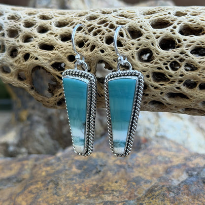 A pair of silver dangle earrings with teardrop-shaped turquoise-blue gradient stones, displayed on a natural cork log with a blurred rocky background.