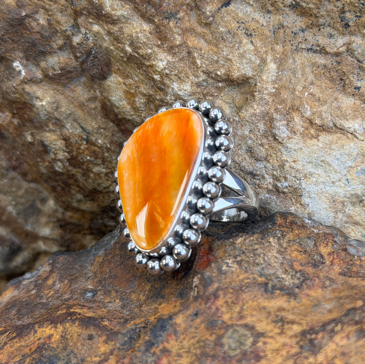 Orange Spiny Oyster Oblong Sterling Silver Ring by Artie Yellowhorse