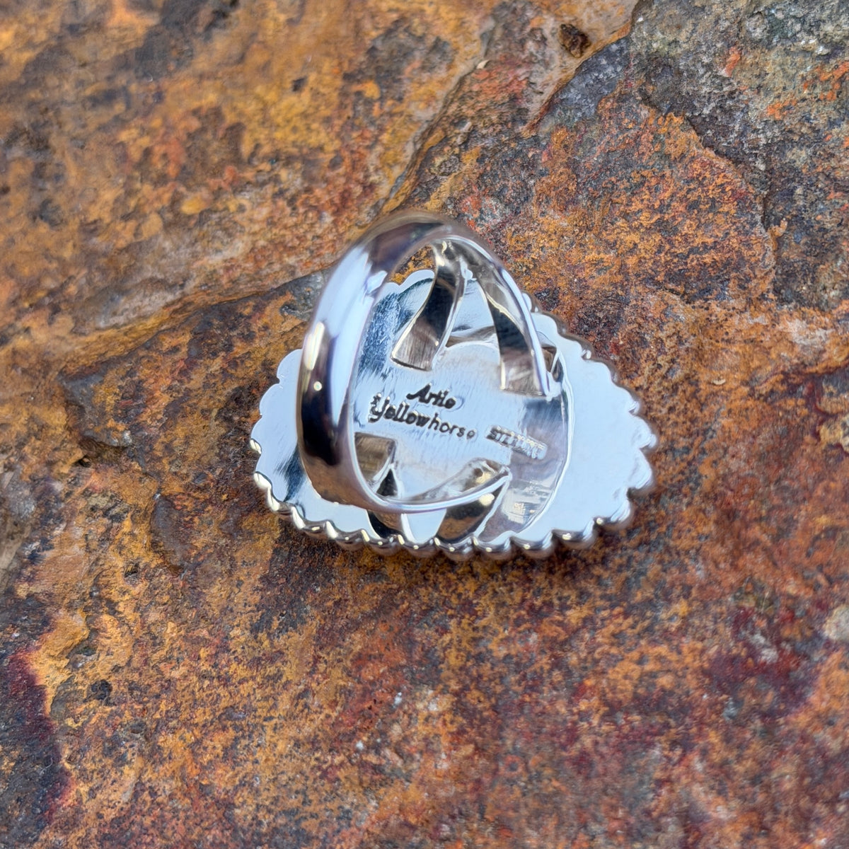 Orange Spiny Oyster Oblong Sterling Silver Ring by Artie Yellowhorse, hallmark view