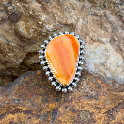 Orange Spiny Oyster Oblong Sterling Silver Ring by Artie Yellowhorse, front view