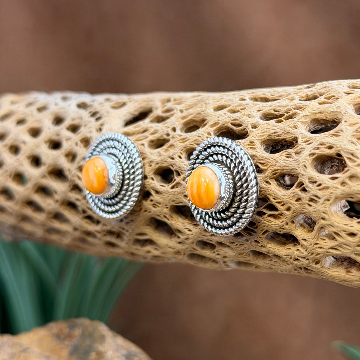 Orange Spiny Oyster Sterling Silver Post Earrings by Artie Yellowhorse