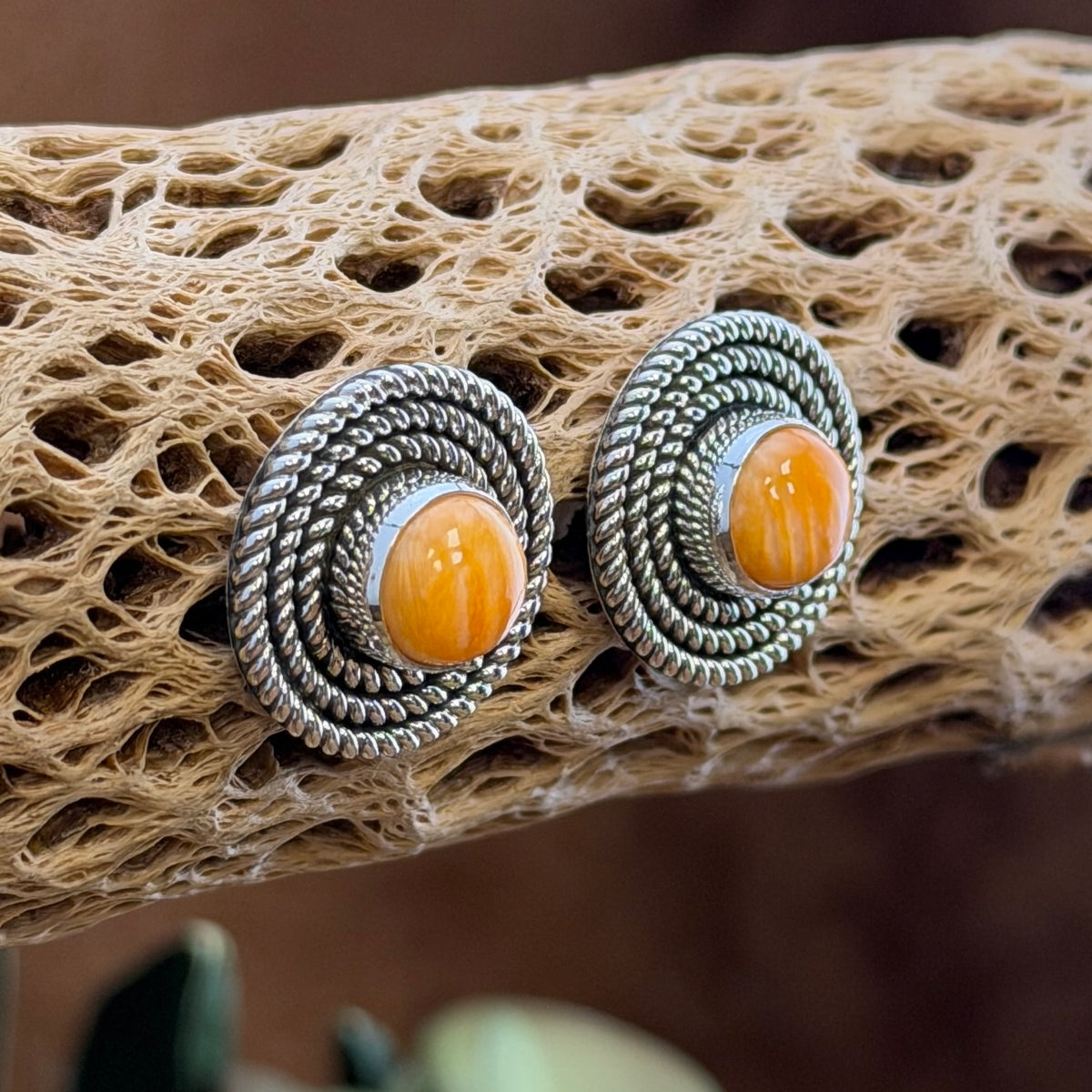 Orange Spiny Oyster round post earrings, angled view