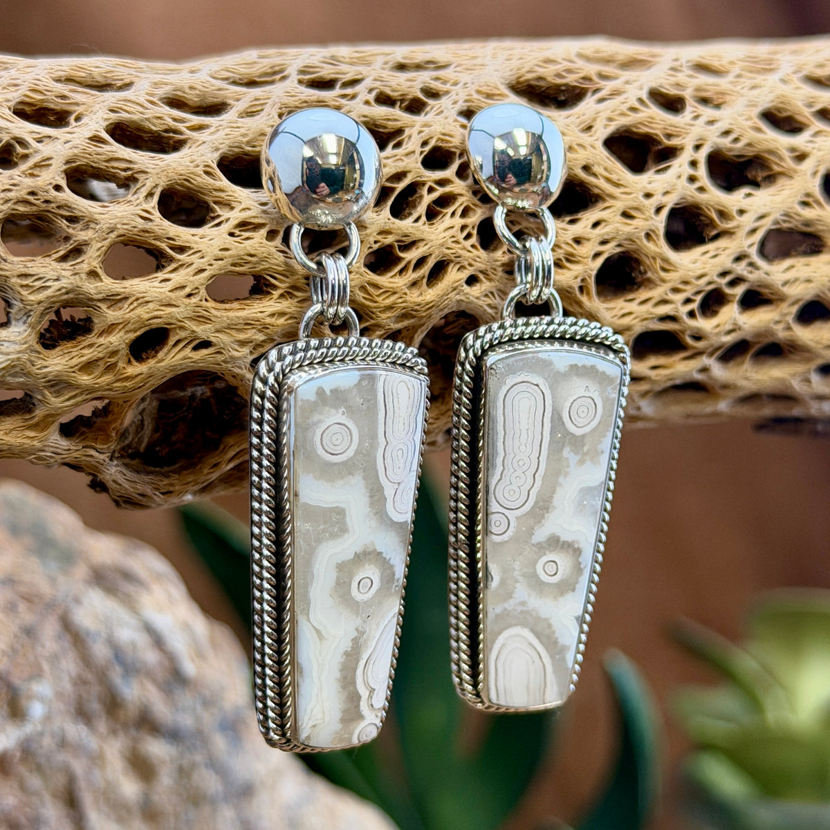 Orbicular Jasper Post Drop Earrings by Artie Yellowhorse, hallmark stamp