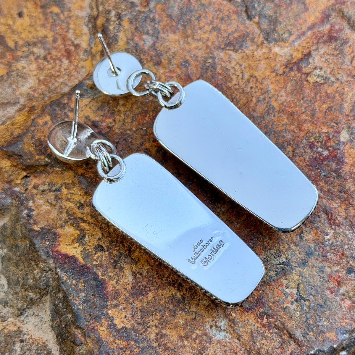Orbicular Jasper Post Drop Earrings by Artie Yellowhorse, close up