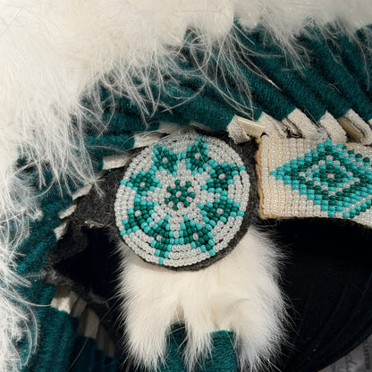 Close-up of a decorative item with beadwork and fur, featuring teal and white colors.