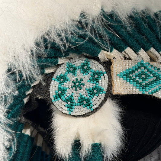 Close-up of a decorative item with beadwork and fur, featuring teal and white colors.