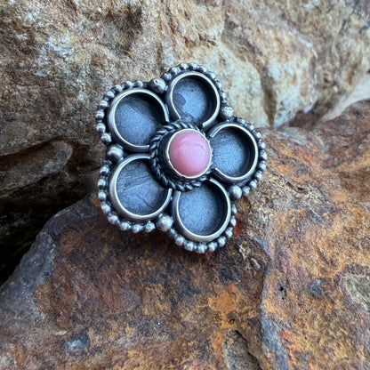 Pink Conch Shell Sterling Silver Dotted Five-Petal Flower Ring by Evangeline Enoah