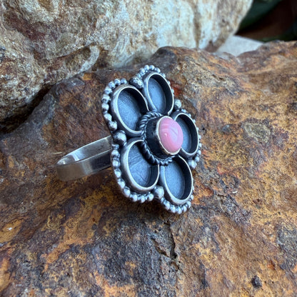 Pink Conch Shell Sterling Silver Dotted Five-Petal Flower Ring by Evangeline Enoah