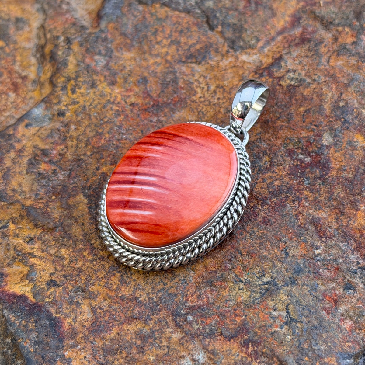 Red Spiny Oyster Sterling Pendant by Artie Yellowhorse