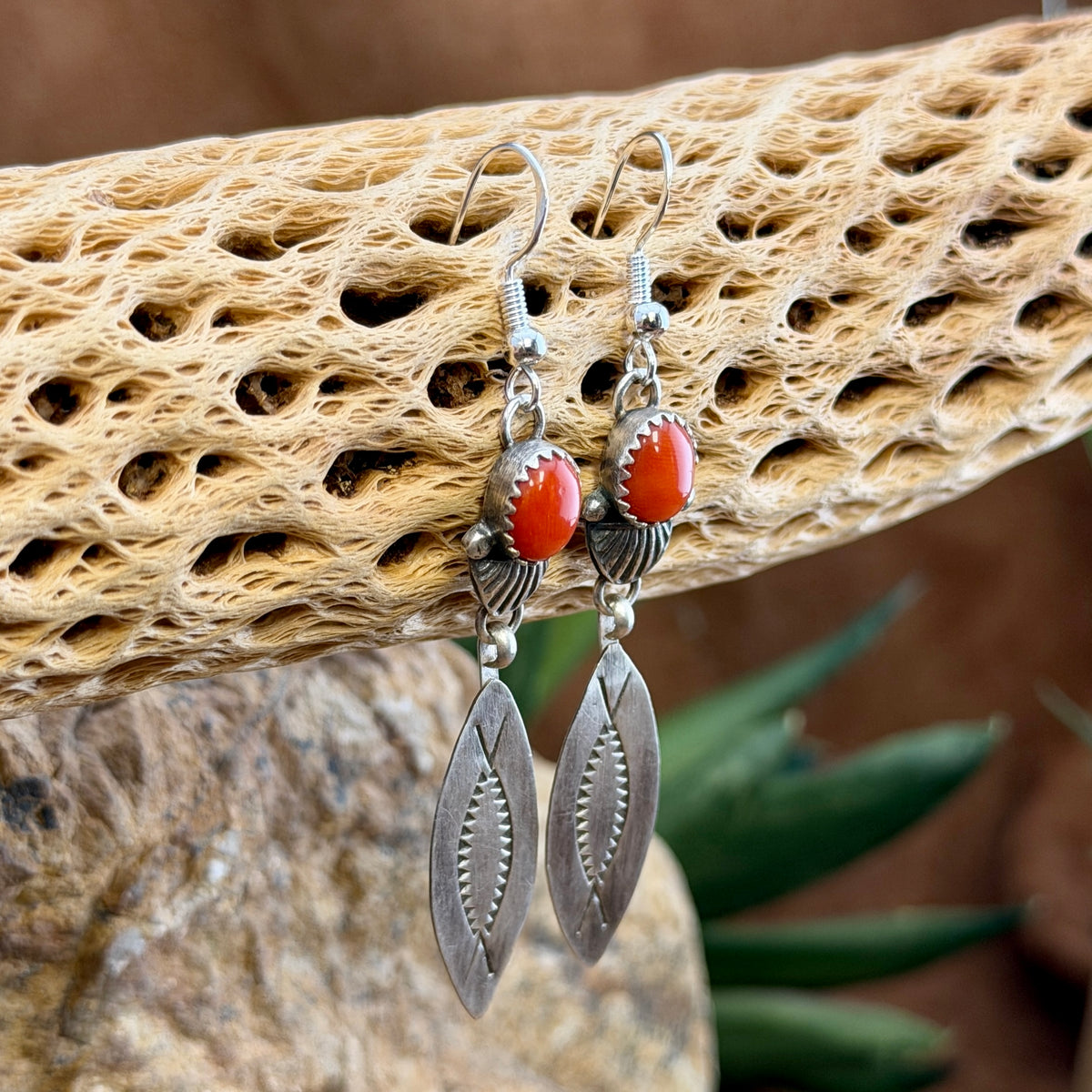 Sterling Silver Red Coral Stamped Dangle Earrings by Mary Tso
