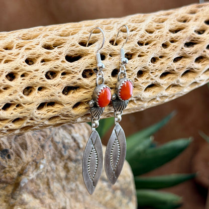 Sterling Silver Red Coral Stamped Dangle Earrings by Mary Tso