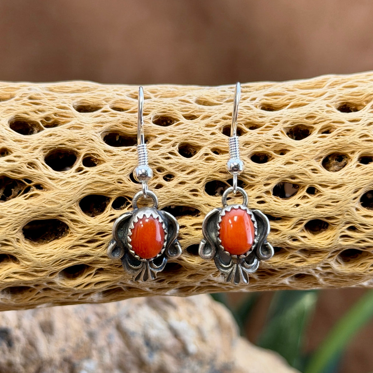 red coral earrings with oxidized silverwork by mary tso
