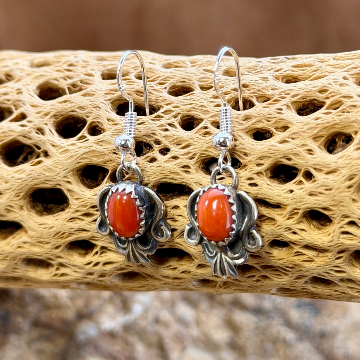 red coral earrings with oxidized silverwork by mary tso
