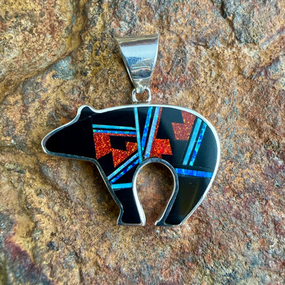 David Rosales Fancy Red Moon Inlaid Sterling Silver Pendant Bear