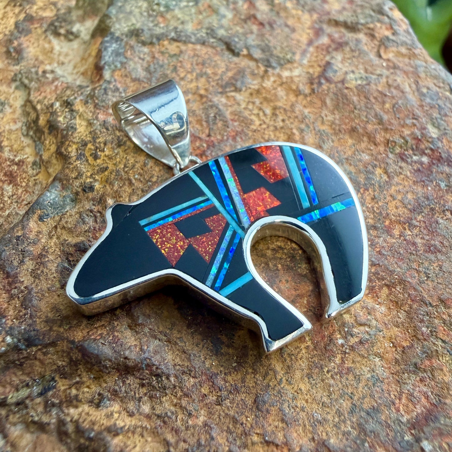 David Rosales Fancy Red Moon Inlaid Sterling Silver Pendant Bear