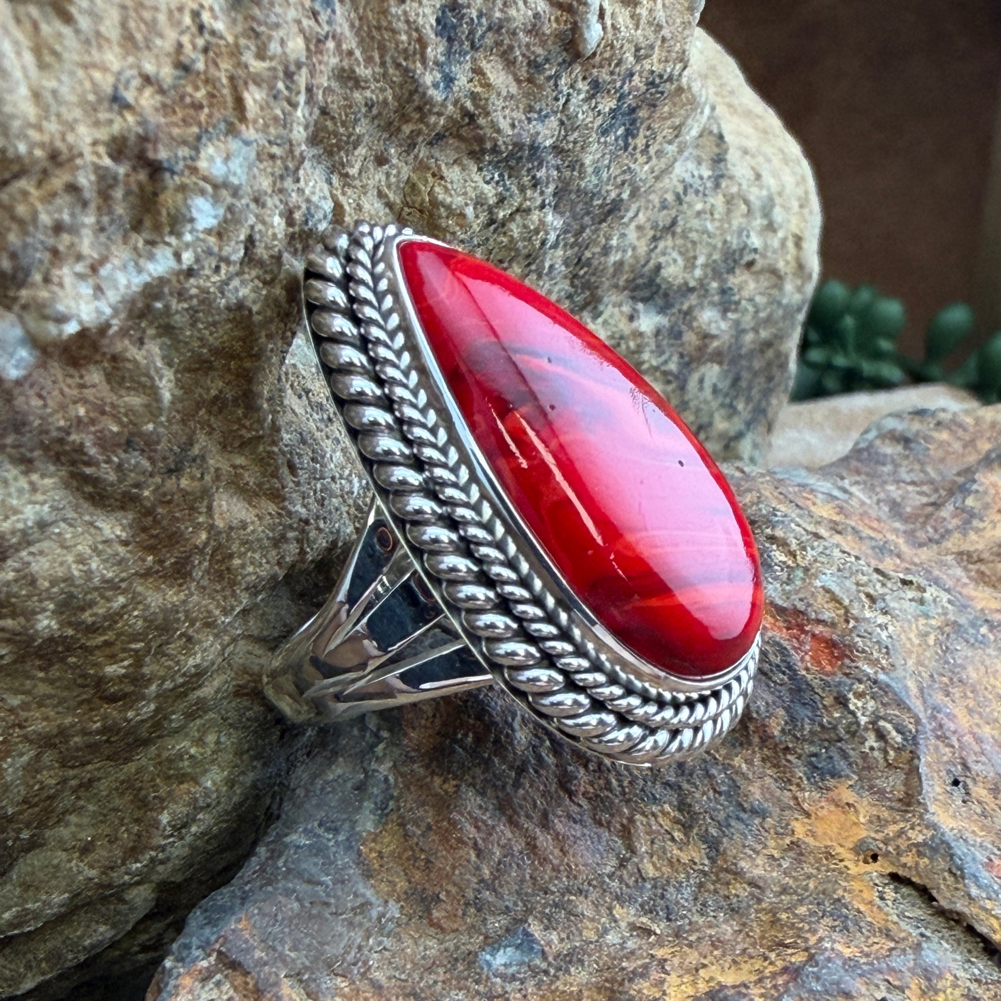 Rosarita Ring by Artie Yellowhorse - side view showing rope and bead silverwork