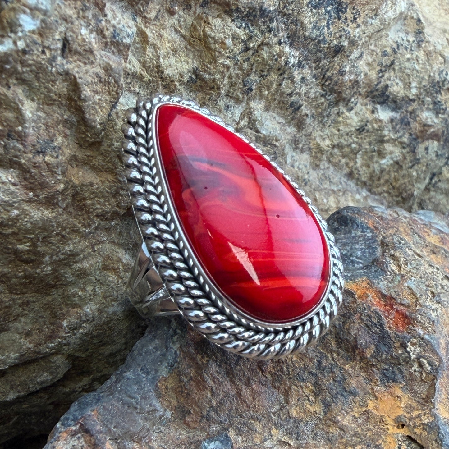Rosarita Ring by Artie Yellowhorse - front view of deep red teardrop Rosarita cabochon