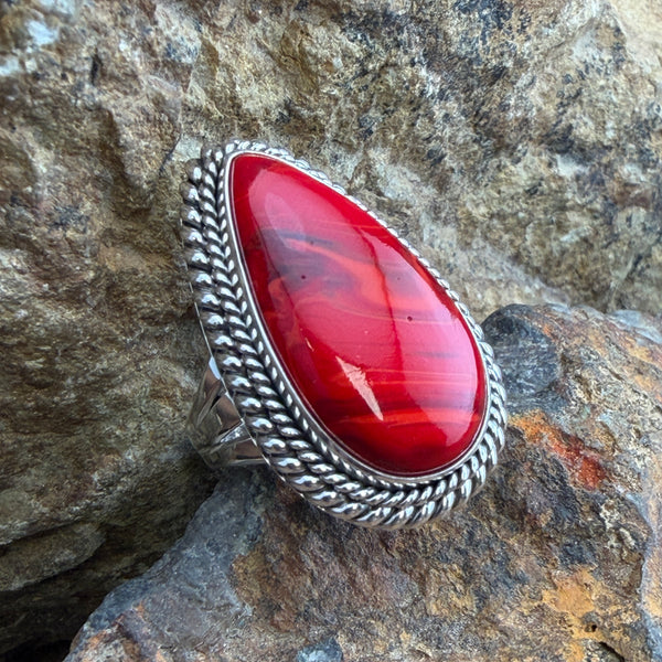 Rosarita Ring by Artie Yellowhorse - front view of deep red teardrop Rosarita cabochon