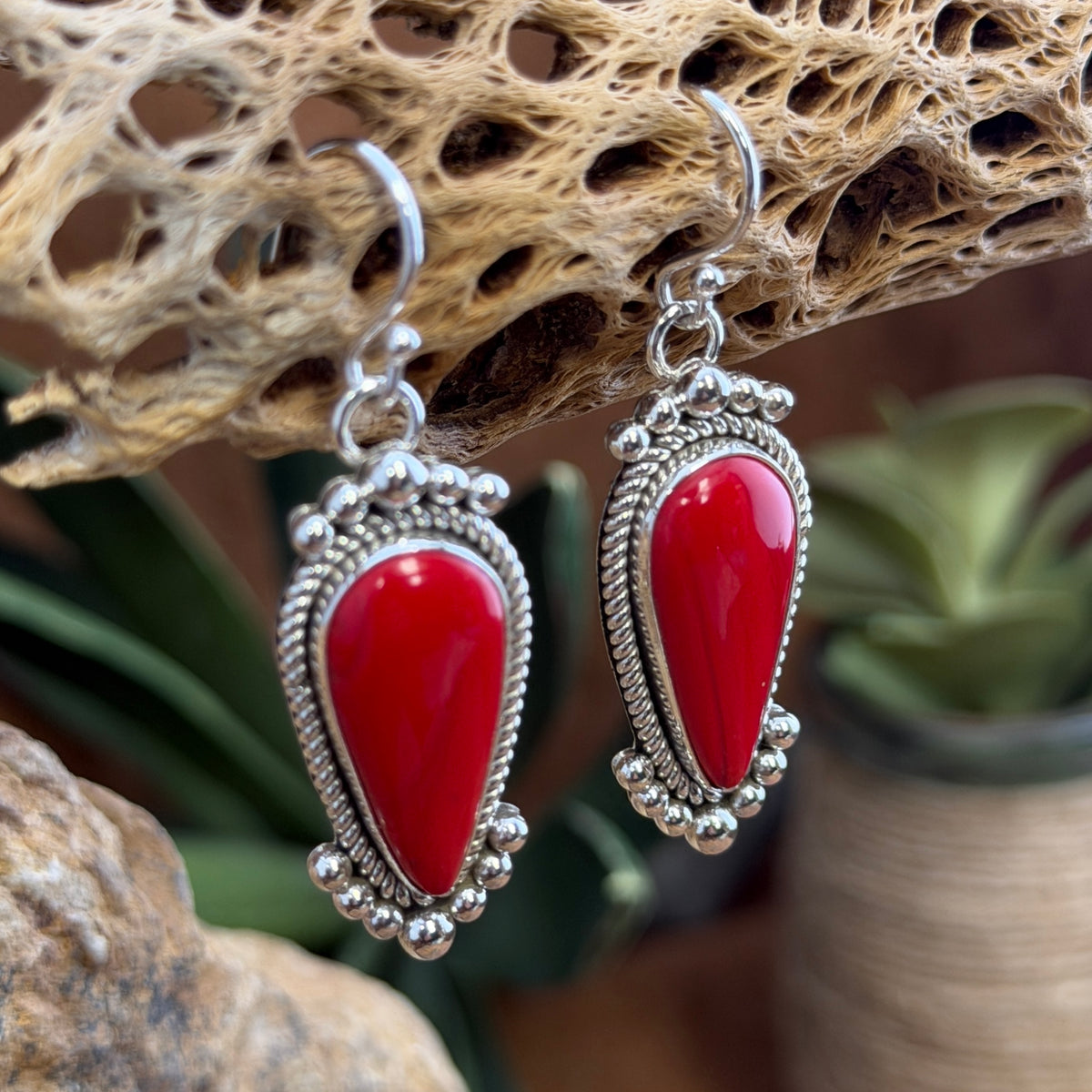 Rosarita Dangle Earrings by Artie Yellowhorse, close up