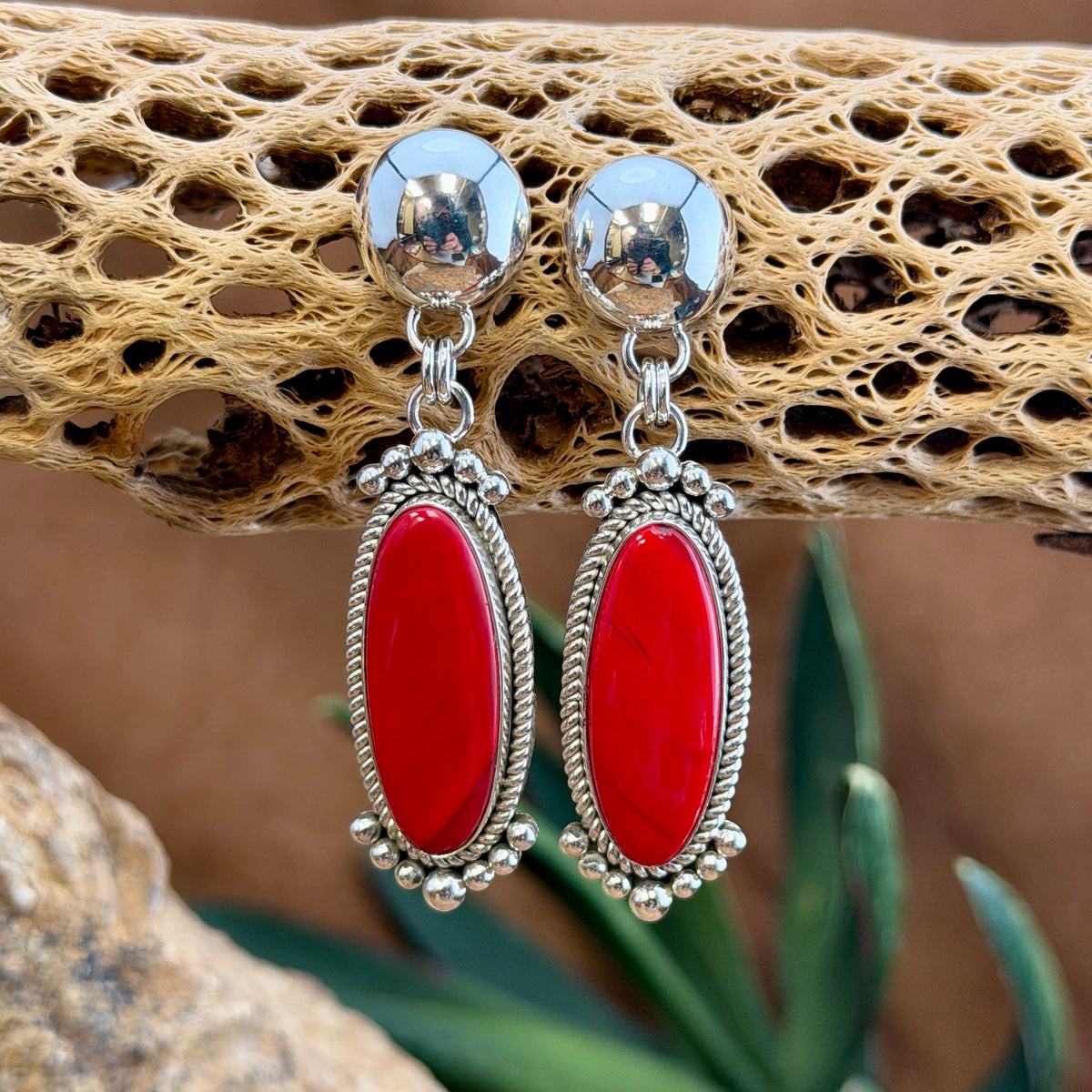 Rosarita Post Drop Earrings by Artie Yellowhorse, close up