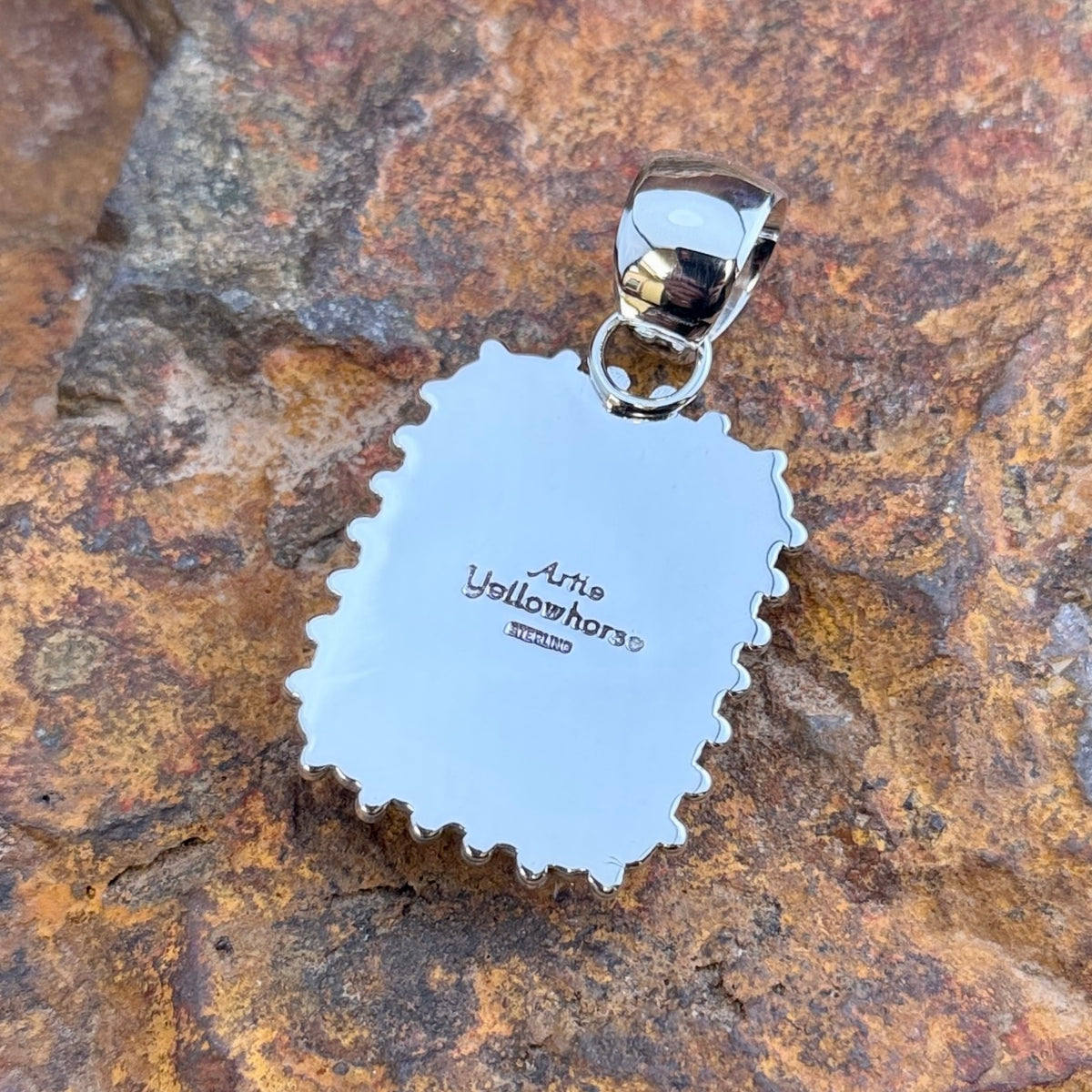 Rosarita Sterling Silver Square Pendant by Artie Yellowhorse, close up