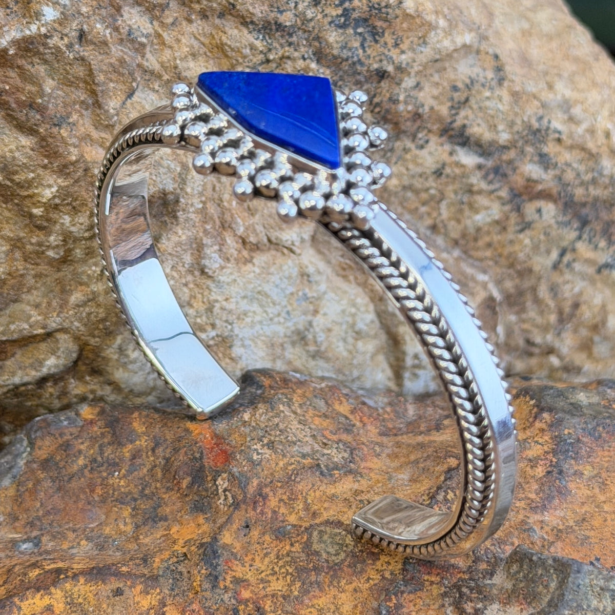 Royal Lapis Triangle Sterling Silver Cuff Bracelet by Artie Yellowhorse - Size 6 1/4
