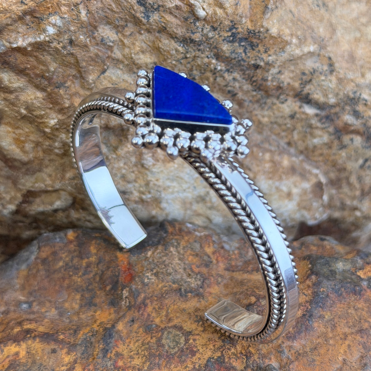 Royal Lapis Triangle Sterling Silver Cuff by Artie Yellowhorse, hallmark view