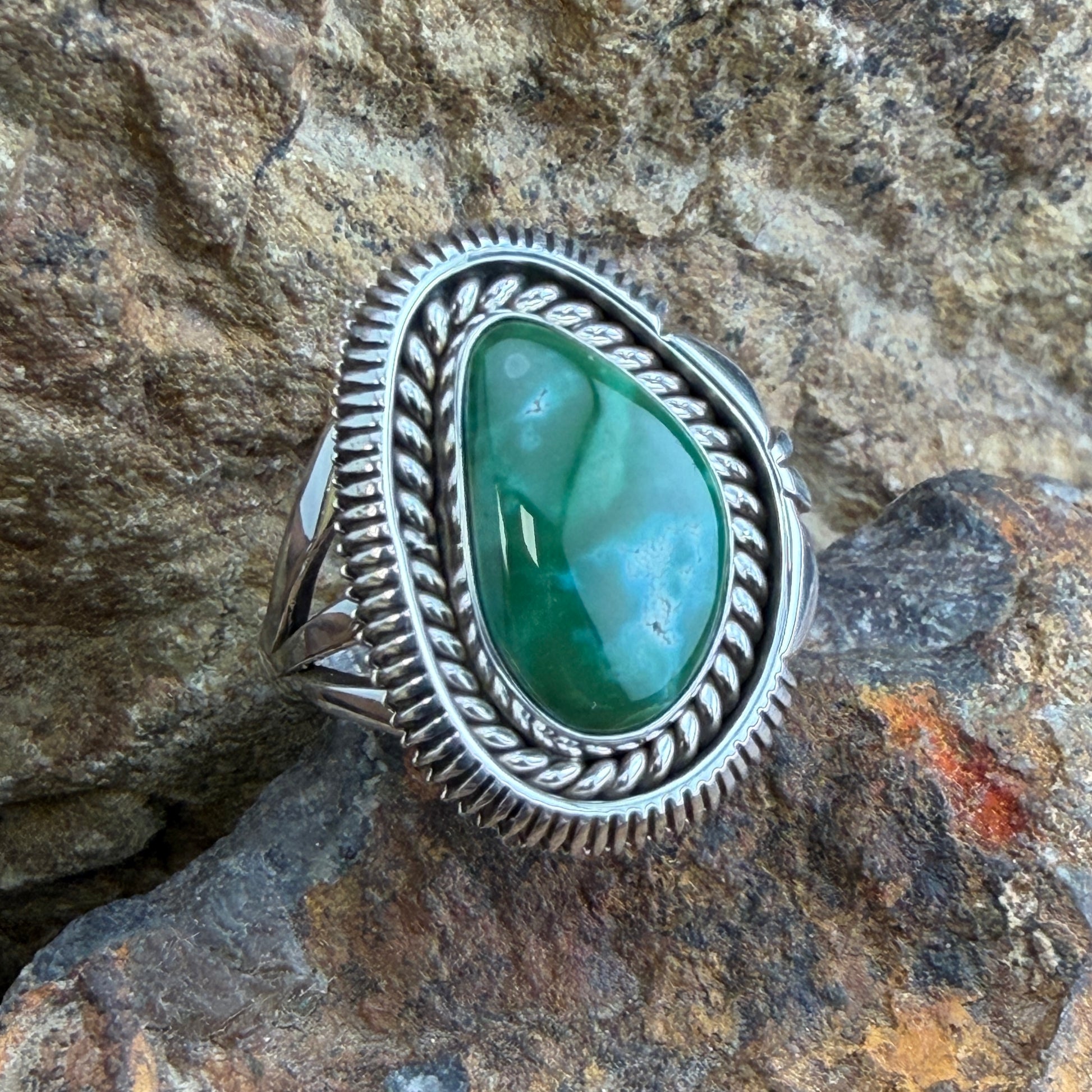Royston Turquoise Ring by Artie Yellowhorse - side view showing split shank and layered silverwork