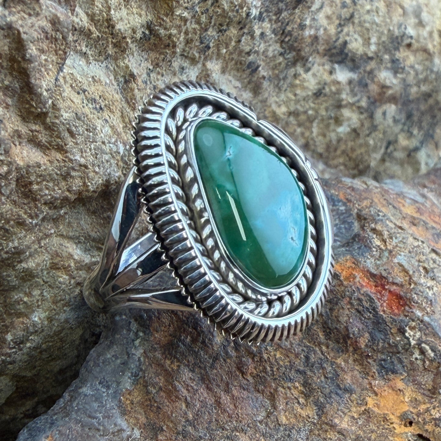 Royston Turquoise Ring by Artie Yellowhorse - angled view of rich green Royston Turquoise in sterling silver setting