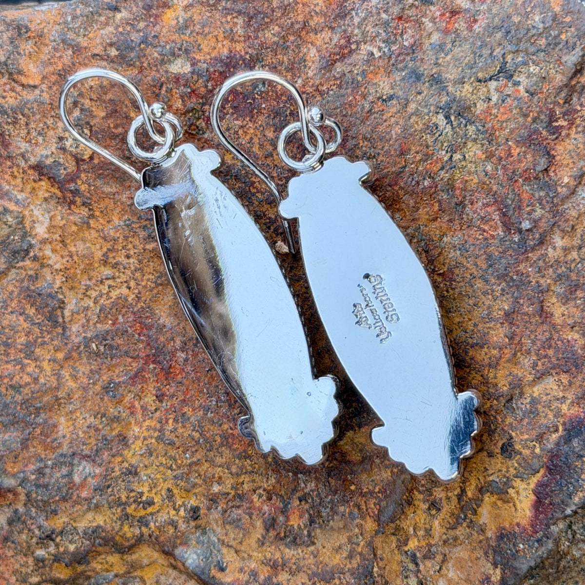 Sierra Jasper Dangle Earrings by Artie Yellowhorse, hallmark stamp