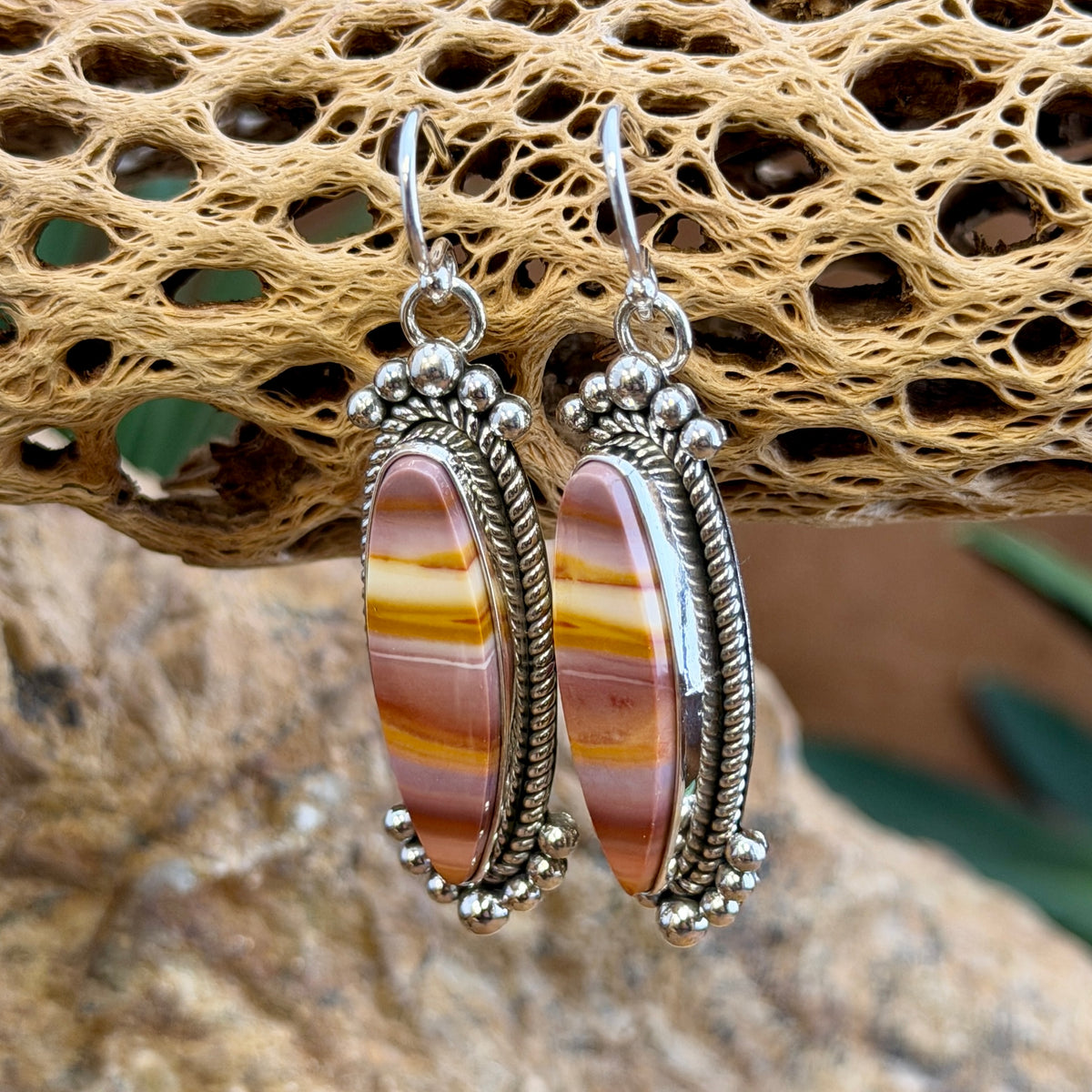 Sierra Jasper Dangle Earrings by Artie Yellowhorse, close up