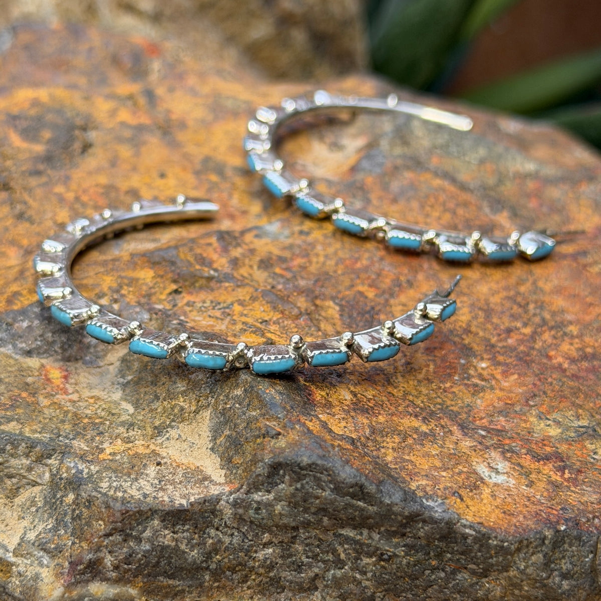 Sleeping Beauty turquoise oblong cabochon hoops by A. Hughte