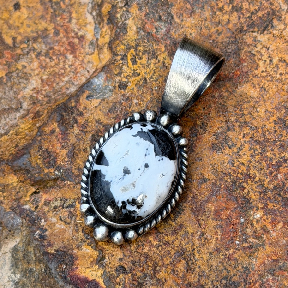 Sterling Silver Oval White Buffalo Pendant by Angela Martin