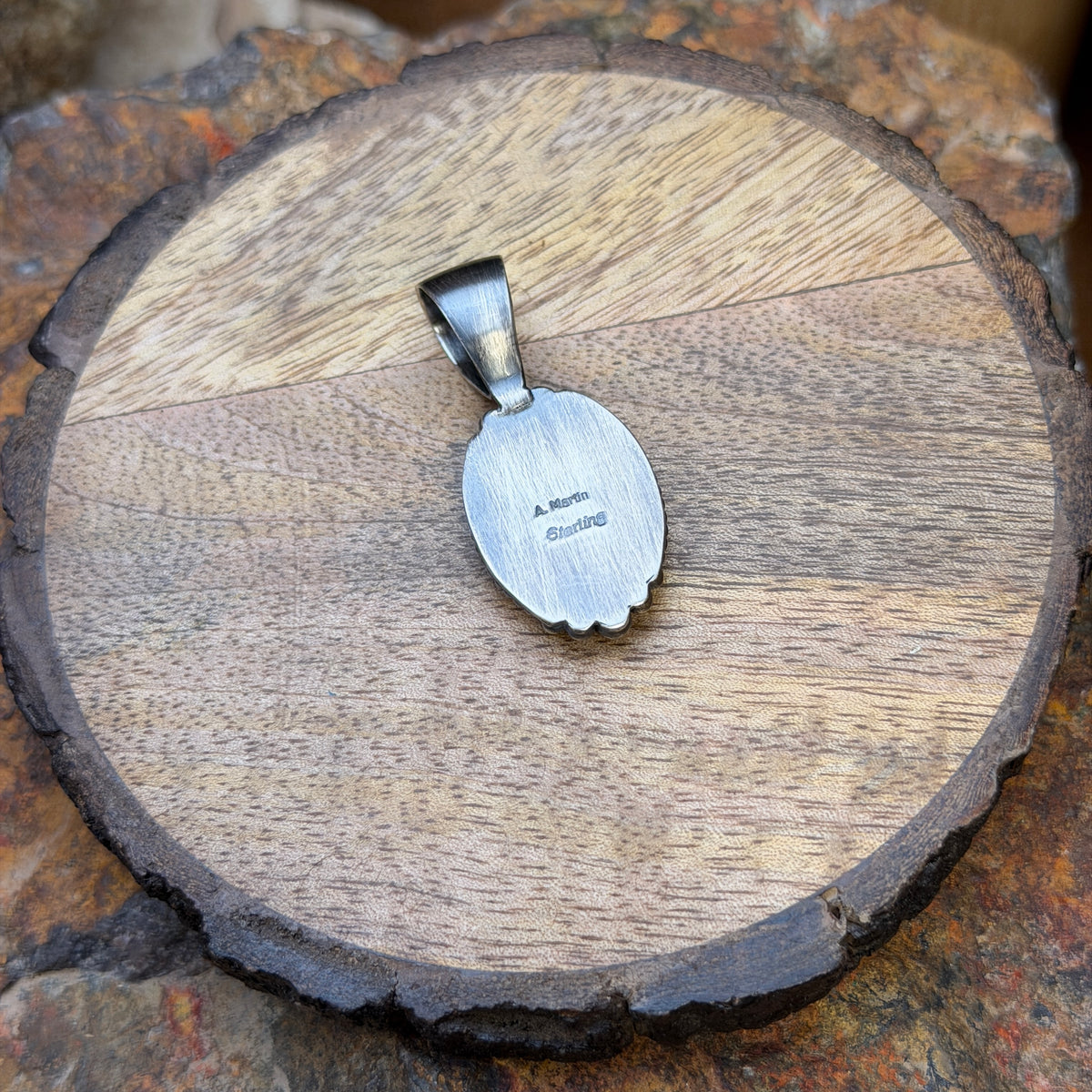 Sterling Silver Oval White Buffalo Pendant by Angela Martin