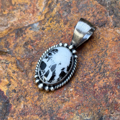 Sterling Silver Oval White Buffalo Pendant by Angela Martin