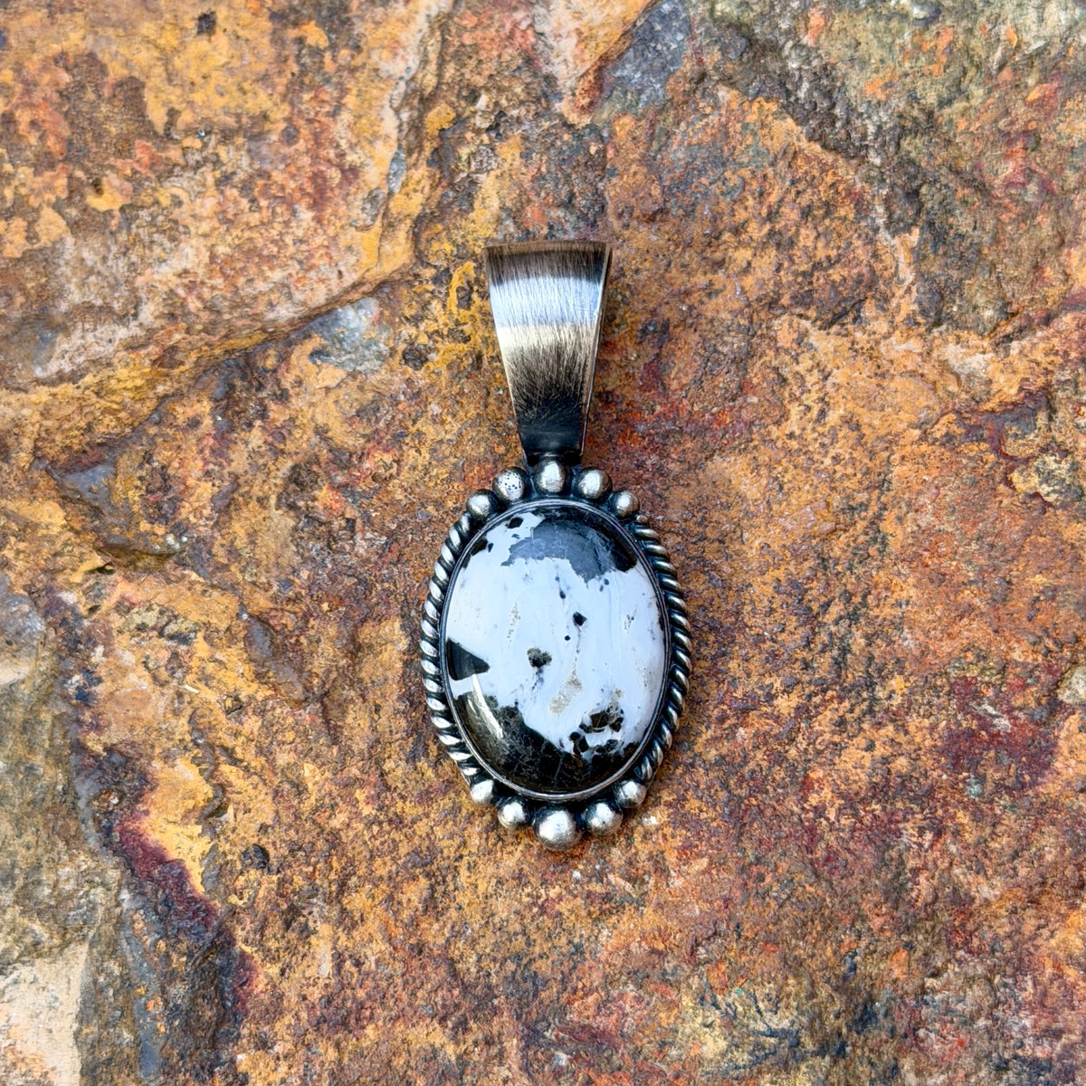 Sterling Silver Oval White Buffalo Pendant by Angela Martin