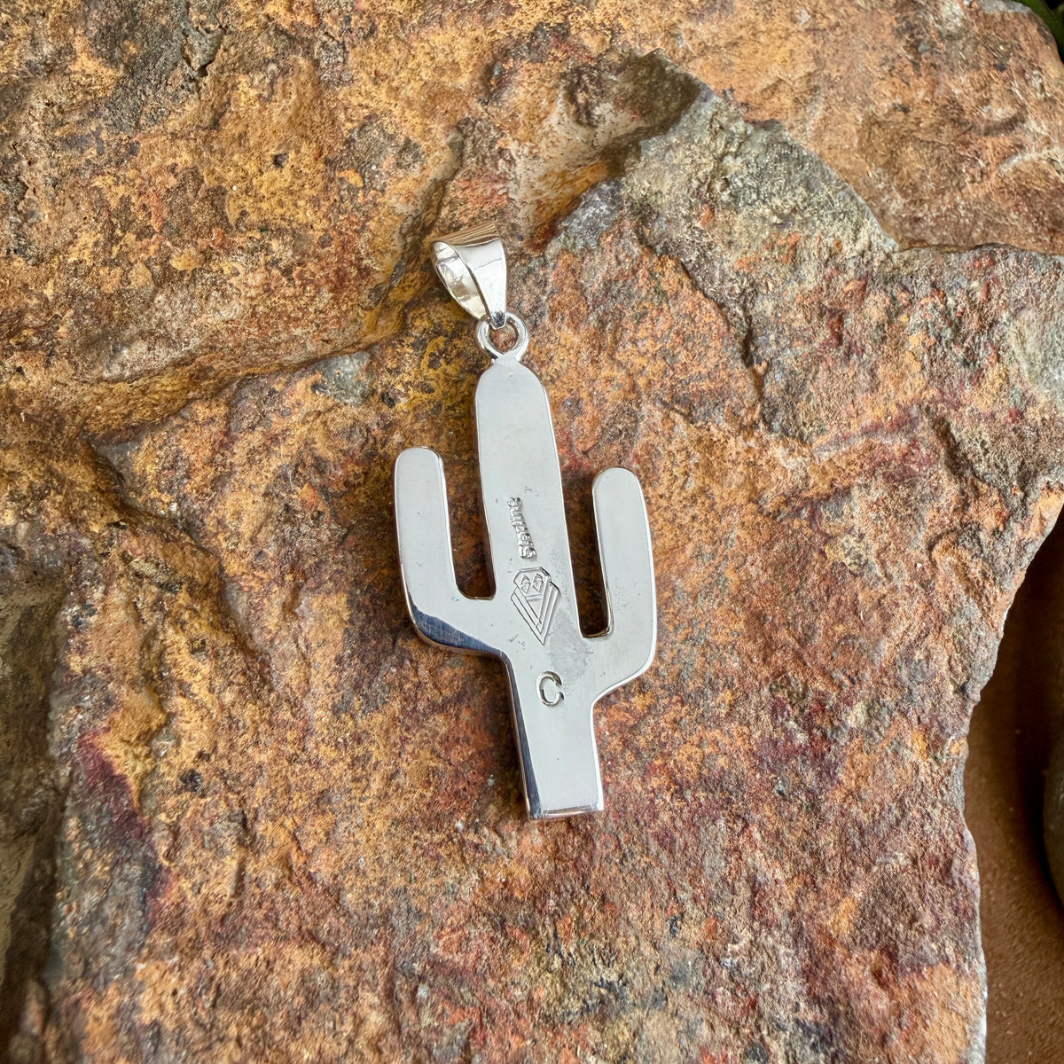 David Rosales Sonoran Gold Inlaid Sterling Silver Pendant Cactus