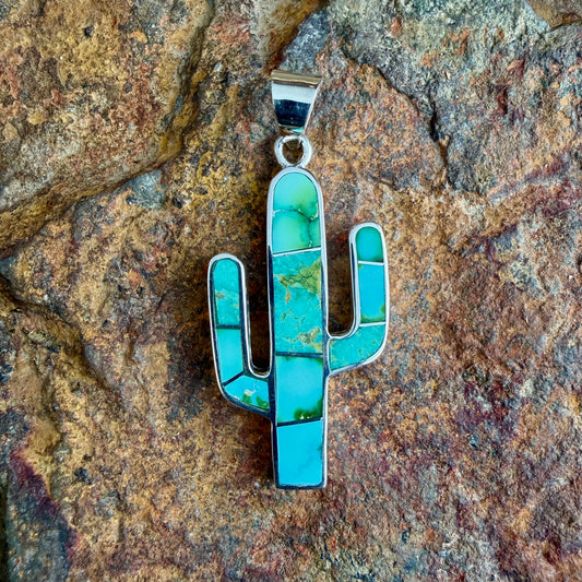 David Rosales Sonoran Gold Inlaid Sterling Silver Pendant Cactus