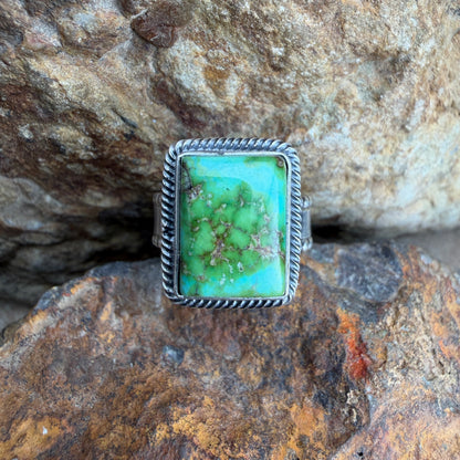 Turquoise stone ring on a textured rock background