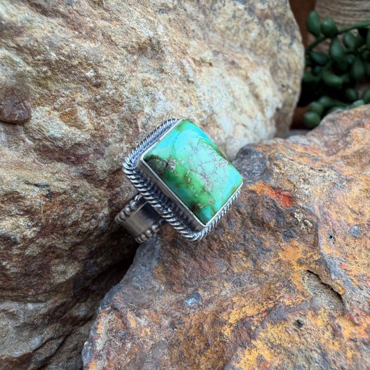 Turquoise ring with silver band on a rocky surface