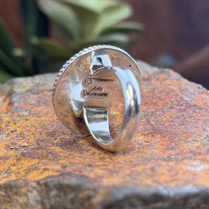 underside of Artie Yellowhorse Sonoran Gold turquoise round sterling silver ring