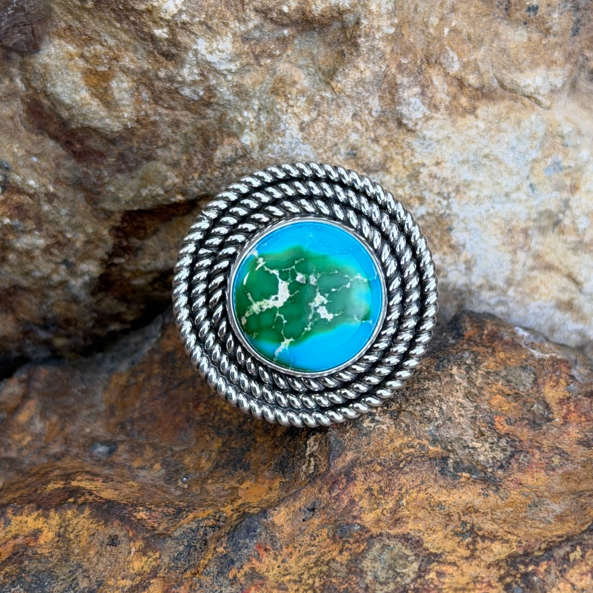 straight on angle of Sonoran Gold turquoise ring with layered rope border