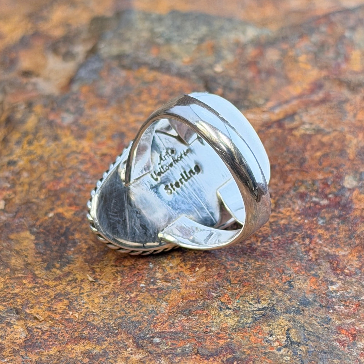 Front of Artie Yellowhorse Sonoran Rose turquoise sterling silver ring