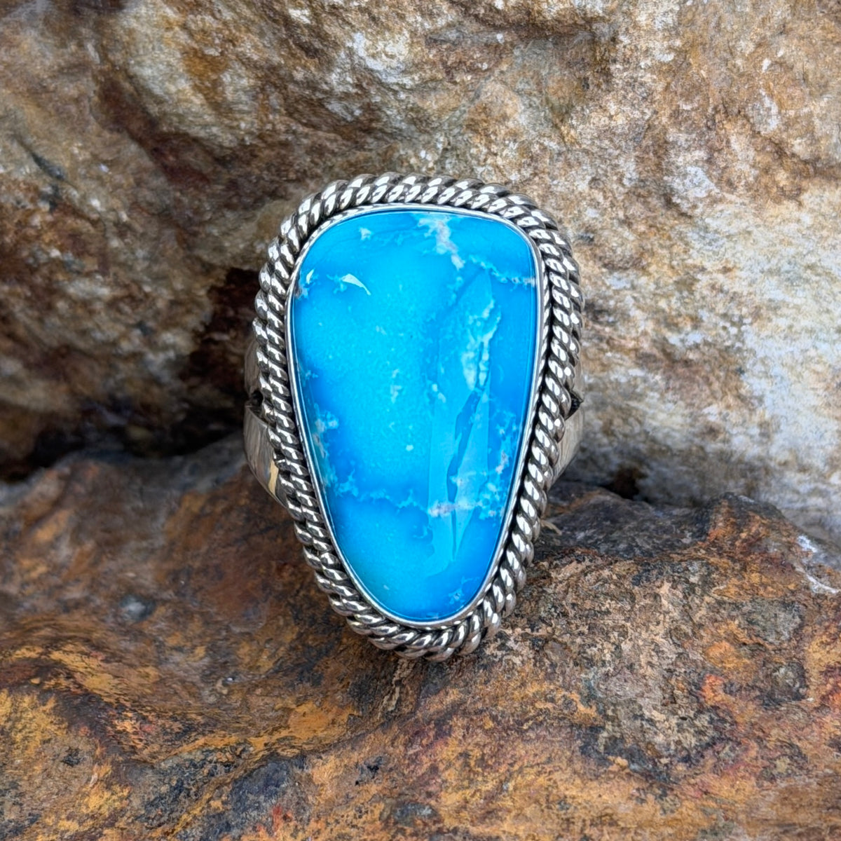 Inside of Artie Yellowhorse sterling silver ring showing hallmark