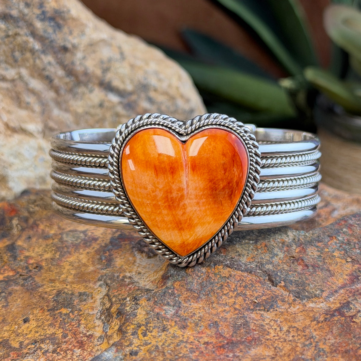 Spiny Oyster Heart Statement Cuff Bracelet by Artie Yellowhorse, angled view
