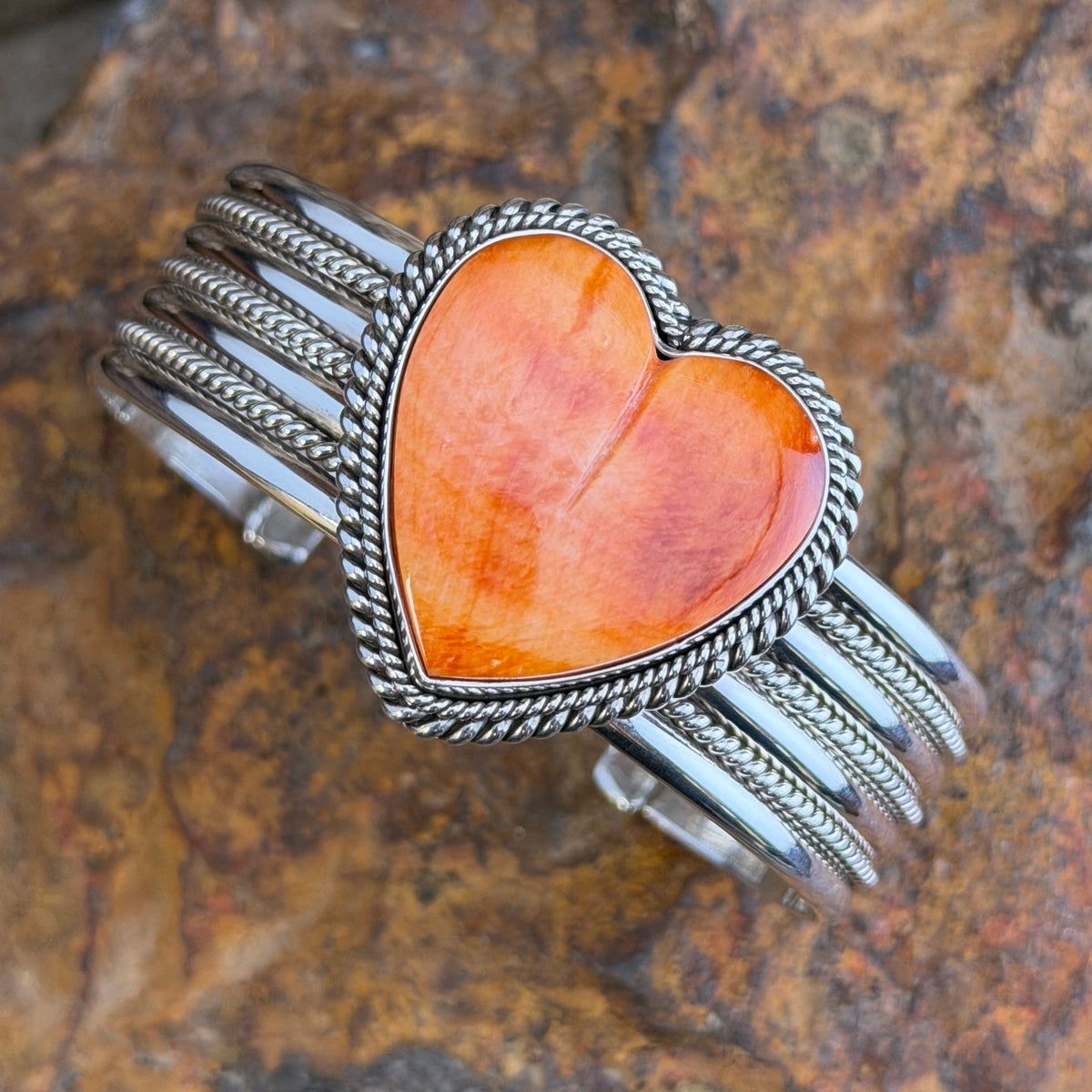 Spiny Oyster Heart Statement Cuff Bracelet by Artie Yellowhorse, close up